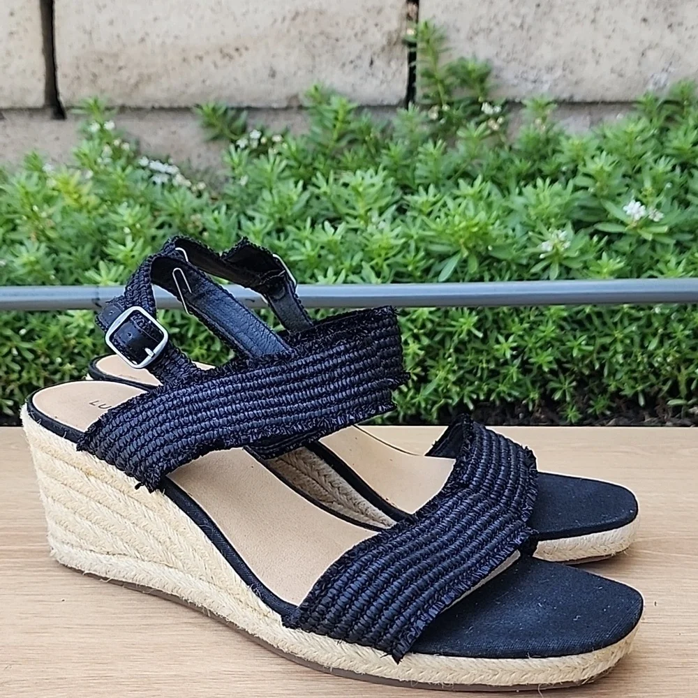 Lucky Brand Minjah Espadrille Jute-Wrapped Wedge Sandal Latte Black Platforms 11